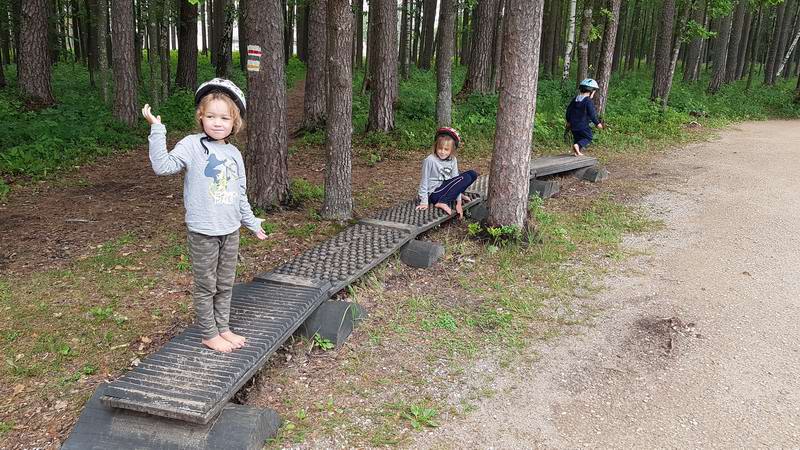 Дети идут по покрытиям разного вида