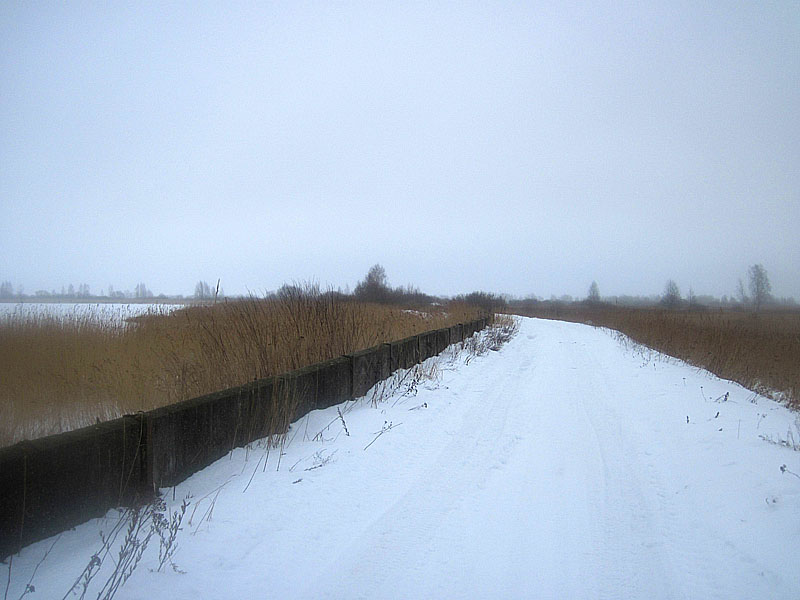 Дорога по дамбе Немонинки, по которой не едется
